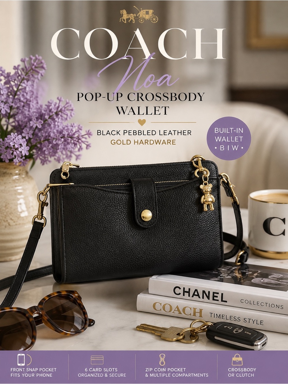 Coach Black Pebbled Leather Noa Messenger Bag & Built-In Wallet & Phone Pocket